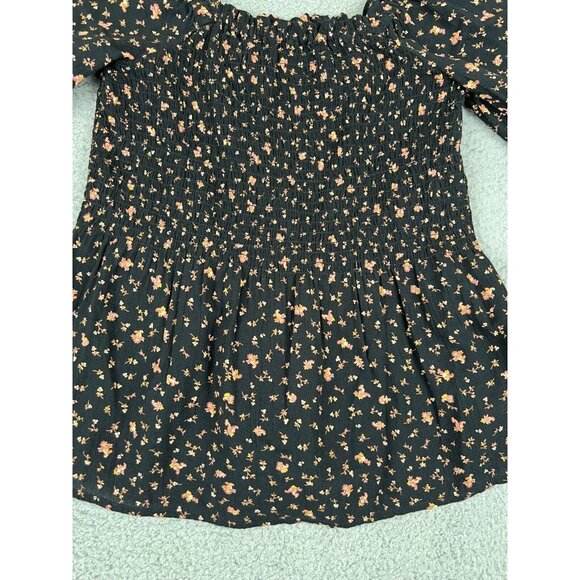 Madewell Smocked Peplum Floral AOP Blouse Black Size 0 Stretch Peasant Spring - Picture 2 of 12